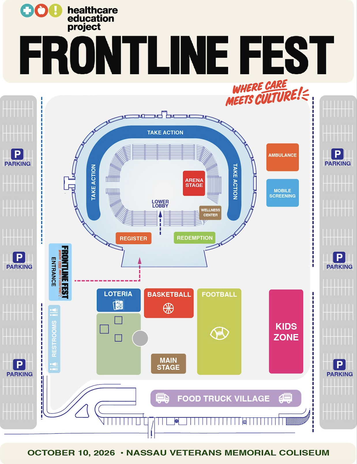 Frontline Fest plaza plan showing the arena, entrances, activities, parking, and food trucks